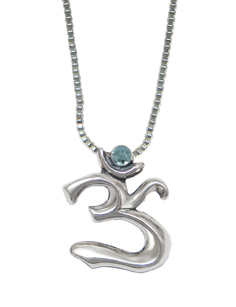 Sterling Silver Elegant Ohm Symbol Pendant With Blue Topaz